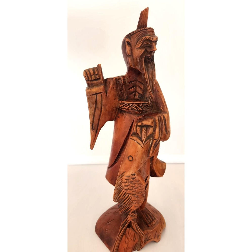 Signed Vintage Asian Carved Wood Fisherman Wiseman Figurine, Collectible